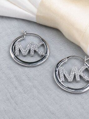 Michael Kors Pave Hollow Logo Hoop Earrings - Silver Plated